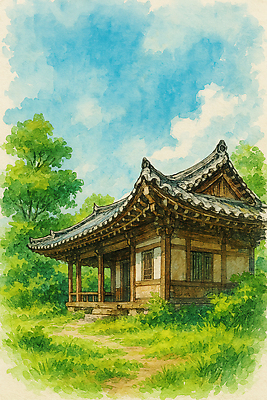 JPG 구름 일러스트 자연 하늘 색연필 수채화 기와집 잔디 사람없음 소나무 국내일러스트 AI일러스트 AI콘텐츠 자연요소 나무 식물 학용품 한옥 생태계 파일형식