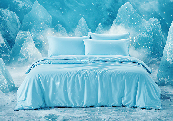 JPG 편집이미지 베개 사람없음 파란색 이불 침대 차가움 시원함 상쾌 빙산 얼음조각 눈내림 편집실사 AI컴퓨터그래픽 AI콘텐츠 감정 컬러 가구 침구 눈_날씨 얼음 CG 파일형식