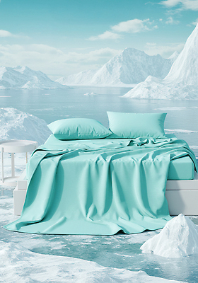 JPG 구름 편집이미지 베개 하늘 사람없음 이불 침대 차가움 시원함 상쾌 빙하 빙판 빙산 민트색 빙원 편집실사 AI컴퓨터그래픽 AI콘텐츠 자연요소 감정 컬러 가구 침구 CG 파일형식