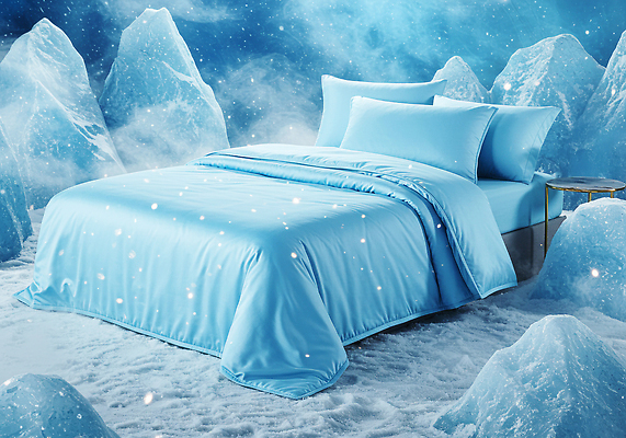 JPG 편집이미지 베개 사람없음 파란색 이불 침대 차가움 시원함 빙산 얼음조각 눈내림 편집실사 AI컴퓨터그래픽 AI콘텐츠 컬러 가구 침구 눈_날씨 얼음 CG 파일형식