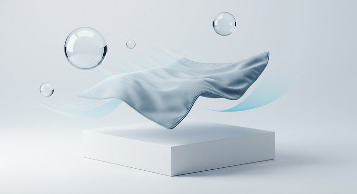 JPG 편집이미지 바람 사람없음 이불 회색 물방울 비눗방울 떠있는 시원함 상쾌 편집실사 AI컴퓨터그래픽 AI콘텐츠 자연요소 감정 컬러 침구 모션 날씨 CG 파일형식