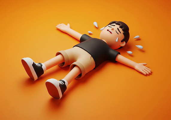 JPG 전신 편집이미지 남자 팔벌리기 피곤 한명 성인 눕기 3D 주황색 뜨거움 더위 울상 성인남자한명만 열사병 땀흘리기 편집3D AI컴퓨터그래픽 AI콘텐츠 1 컬러 컨셉 모션 날씨 사람 질병 디지털합성 남자한명만 성인남자만 파일형식