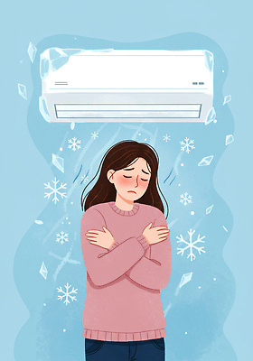 JPG 여자 일러스트 한명 성인 여름 얼음 추위 에어컨 벽걸이 떨림 감싸기 냉방병 울상 성인여자한명만 국내일러스트 AI일러스트 AI콘텐츠 자연요소 1 계절 모션 사람 가전제품 질병 여자한명만 성인여자만 파일형식
