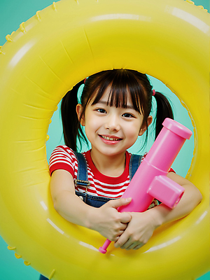 JPG 편집이미지 여자 어린이 양갈래머리 한명 미소 들기 소녀 상반신 노란색 튜브 물총 물총놀이 의료성형뷰티 소녀한명만 동심 편집실사 AI인물포토 AI콘텐츠 1 헤어스타일 컬러 모션 놀이 표정 사람 CG 여자한명만 소녀만 파일형식 AI포토