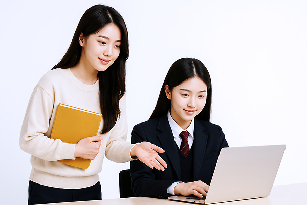 JPG 편집이미지 여자 교육 교복 청소년 수업 미소 들기 성인 두명 노트북 타이핑 가르침 손내밀기 책상 과외 파일폴더 의료성형뷰티 여자만 편집실사 AI인물포토 AI콘텐츠 옷 가구 모션 표정 사람 손짓 전자제품 학습 사무용품 CG 파일형식 AI포토