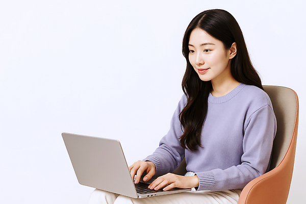 JPG 편집이미지 여자 교육 의자 청소년 한명 미소 앉기 노트북 타이핑 가르침 의료성형뷰티 십대여자한명만 편집실사 AI인물포토 AI콘텐츠 1 가구 모션 표정 사람 전자제품 CG 여자한명만 십대여자만 파일형식 AI포토