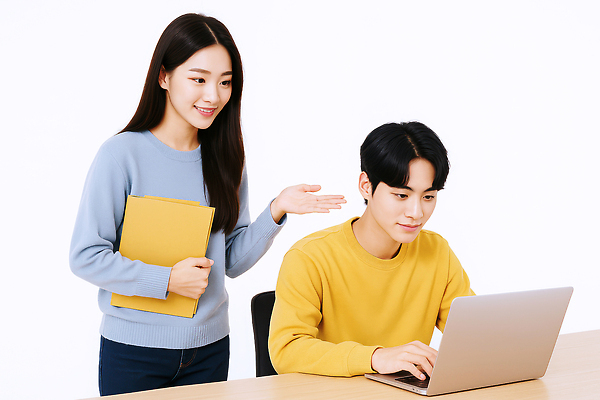 JPG 편집이미지 여자 교육 남자 청소년 수업 미소 들기 성인 두명 노트북 타이핑 가르침 손내밀기 책상 과외 파일폴더 의료성형뷰티 편집실사 AI인물포토 AI콘텐츠 가구 모션 표정 사람 손짓 전자제품 학습 사무용품 CG 파일형식 AI포토