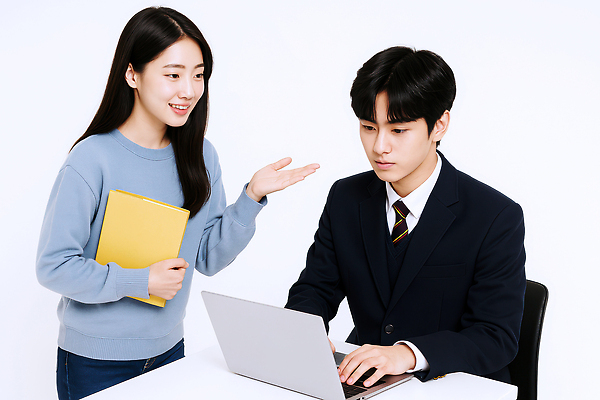 JPG 편집이미지 여자 교육 남자 교복 청소년 수업 미소 들기 성인 두명 노트북 타이핑 가르침 손내밀기 집중 책상 과외 파일폴더 의료성형뷰티 편집실사 AI인물포토 AI콘텐츠 옷 가구 컨셉 모션 표정 사람 손짓 전자제품 학습 사무용품 CG 파일형식 AI포토