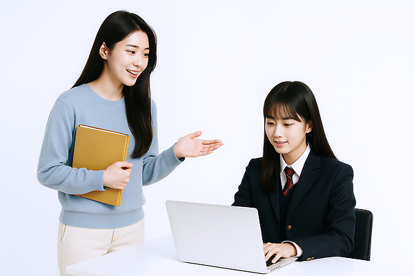 JPG 편집이미지 여자 교육 교복 청소년 수업 미소 들기 성인 두명 노트북 타이핑 가르침 손내밀기 책상 과외 파일폴더 의료성형뷰티 여자만 편집실사 AI인물포토 AI콘텐츠 옷 가구 모션 표정 사람 손짓 전자제품 학습 사무용품 CG 파일형식 AI포토