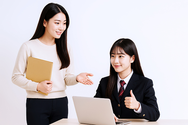 JPG 편집이미지 여자 교육 교복 청소년 수업 미소 들기 앉기 성인 두명 노트북 가르침 질문 손내밀기 책상 따봉 과외 파일폴더 의료성형뷰티 여자만 편집실사 AI인물포토 AI콘텐츠 옷 가구 모션 표정 사람 손짓 전자제품 학습 사무용품 최고 CG 파일형식 AI포토