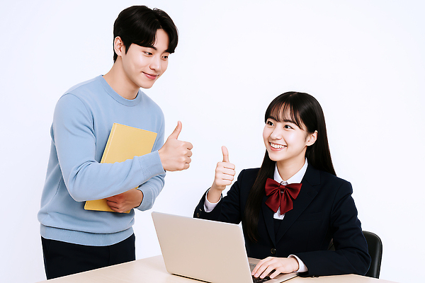 JPG 편집이미지 여자 교육 남자 교복 의자 청소년 수업 미소 들기 앉기 성인 두명 노트북 가르침 책상 따봉 과외 칭찬 파일폴더 의료성형뷰티 편집실사 AI인물포토 AI콘텐츠 옷 가구 모션 표정 사람 전자제품 학습 사무용품 최고 CG 파일형식 AI포토