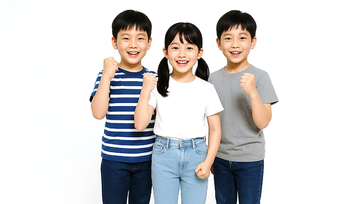JPG 편집이미지 여자 남자 어린이 포즈 미소 소녀 소년 세명 손들기 파이팅 주먹 의료성형뷰티 어린이만 편집실사 AI인물포토 AI콘텐츠 모션 표정 사람 CG 파일형식 AI포토