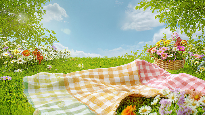 JPG 나무 구름 편집이미지 꽃밭 자연 하늘 잔디 사람없음 햇빛 소풍 돗자리 체크무늬 꽃바구니 편집실사 AI포토 AI콘텐츠 자연요소 식물 꽃 무늬 태양 야외활동 바구니 CG 생태계 파일형식
