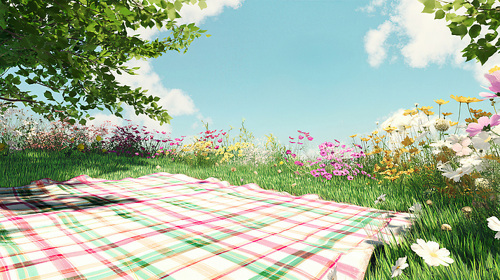 JPG 나무 구름 편집이미지 꽃밭 자연 하늘 잔디 사람없음 햇빛 소풍 돗자리 체크무늬 편집실사 AI포토 AI콘텐츠 자연요소 식물 꽃 무늬 태양 야외활동 CG 생태계 파일형식