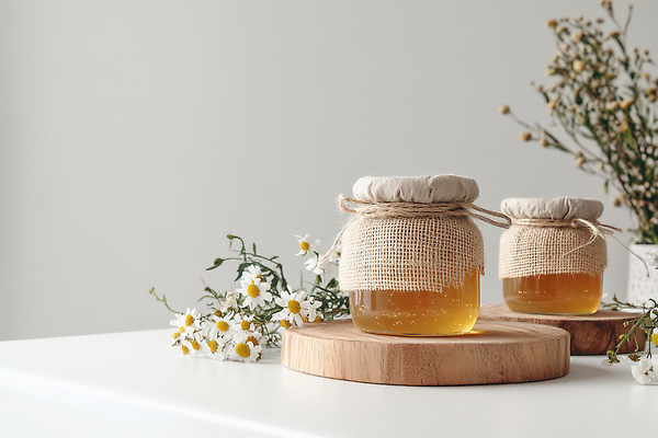 JPG 편집이미지 유리병 사람없음 데이지 꿀 노끈 드라이플라워 꿀단지 나무도마 편집실사 AI포토 AI콘텐츠 마원단 꽃 줄 병_용기 도마 목재 직물 CG 파일형식