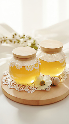 JPG 편집이미지 꽃 유리병 사람없음 햇빛 프릴 꿀 꿀단지 나무도마 허니디퍼 편집실사 AI포토 AI콘텐츠 식물 병_용기 도마 목재 장식 태양 도구 CG 파일형식