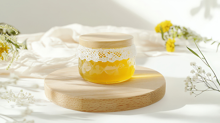 JPG 편집이미지 유리병 사람없음 햇빛 프릴 안개꽃 꿀 꿀단지 나무도마 편집실사 AI포토 AI콘텐츠 꽃 병_용기 도마 목재 장식 태양 CG 한해살이풀 파일형식