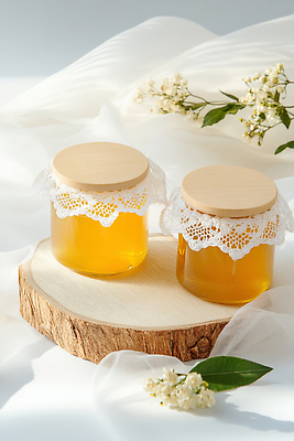 JPG 편집이미지 잎 유리병 사람없음 햇빛 프릴 천 안개꽃 나무토막 꿀 꿀단지 편집실사 AI포토 AI콘텐츠 식물 꽃 병_용기 장식 태양 직물 CG 한해살이풀 파일형식