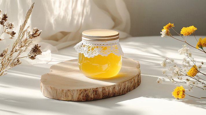 JPG 편집이미지 유리병 그림자 사람없음 햇빛 프릴 나무토막 꿀 드라이플라워 꿀단지 편집실사 AI포토 AI콘텐츠 꽃 병_용기 장식 태양 CG 파일형식