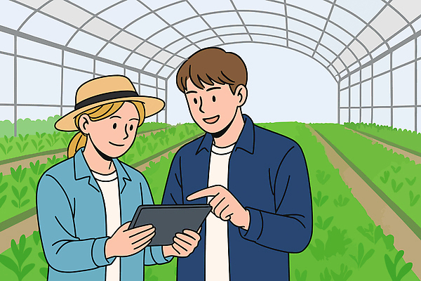 직업 여자 남자 일러스트 관리 들기 상반신 청년 두명 태블릿 농장 가리킴 밀짚모자 귀농 비닐하우스 청년만 청년농부 국내일러스트 AI파일 시청하다 모자_잡화 농업 모션 사람 손짓 성인 전자제품 스마트기기 농부 성인만 파일형식 벡터