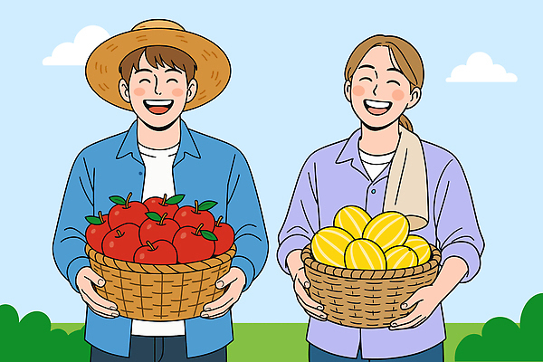 구름 직업 여자 남자 일러스트 하늘 웃음 들기 상반신 청년 두명 바구니 수확 사과 즐거움 밀짚모자 참외 귀농 짚풀공예 청년만 청년농부 국내일러스트 AI파일 자연요소 모자_잡화 감정 농업 과일 모션 표정 사람 성인 농부 공예 성인만 파일형식 벡터