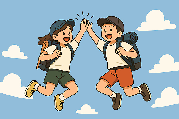 전신 구름 여자 남자 일러스트 배낭 하늘 웃음 성인 두명 점프 등산 하이킹 잡기 하이파이브 캡모자 성인만 국내일러스트 AI파일 자연요소 모자_잡화 가방 모션 레저 표정 사람 손짓 트래킹 파일형식 벡터