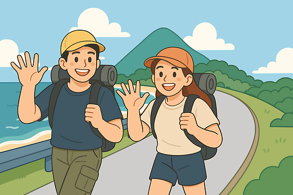 구름 여자 남자 길 일러스트 배낭 하늘 웃음 성인 두명 걷기 등산 하이킹 풀 손인사 산골 캡모자 성인만 국내일러스트 AI파일 자연요소 식물 모자_잡화 가방 모션 레저 표정 사람 트래킹 인사 파일형식 벡터