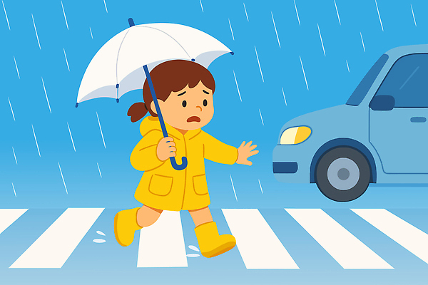 전신 여자 어린이 일러스트 우산 자동차 장화 한명 들기 소녀 달리기 비 횡단보도 무서움 우비 건너기 소녀한명만 국내일러스트 AI파일 자연요소 1 옷 감정 육상교통 신발 모션 날씨 사람 보행로 여자한명만 소녀만 파일형식 벡터