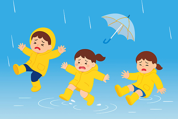 전신 여자 남자 어린이 일러스트 우산 장화 소녀 소년 세명 찡그림 미끄러짐 우비 빗물 넘어짐 어린이만 국내일러스트 AI파일 옷 신발 모션 표정 사람 비_날씨 파일형식 벡터