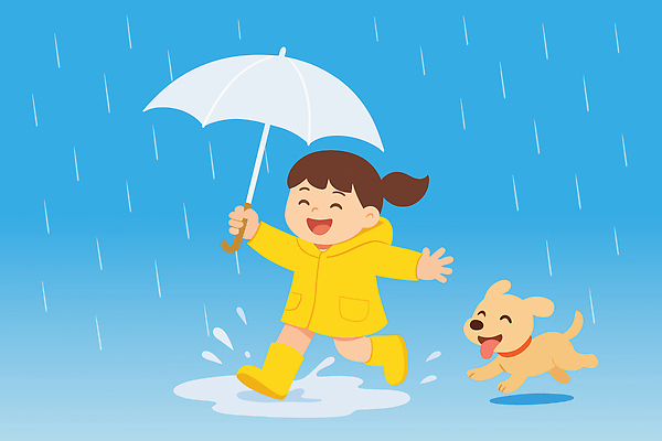 전신 여자 어린이 일러스트 우산 장화 한명 미소 들기 소녀 달리기 비 강아지 웅덩이 우비 소녀한명만 국내일러스트 AI파일 자연요소 1 옷 신발 모션 날씨 표정 사람 반려동물 개 여자한명만 소녀만 파일형식 벡터