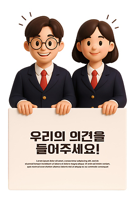 PSD 편집이미지 여학생 여자 남자 교복 남학생 청소년 3D캐릭터 미소 들기 상반신 두명 3D 팻말 십대만 안경낌 편집3D 캐릭터 학생 옷 안경 모션 프레임 표정 사람 디지털합성 파일형식