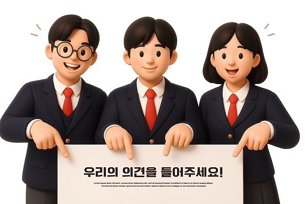 PSD 편집이미지 여학생 여자 남자 교복 남학생 청소년 3D캐릭터 미소 상반신 세명 3D 현수막 가리킴 십대만 안경낌 편집3D 캐릭터 학생 옷 안경 표정 사람 손짓 디지털합성 파일형식