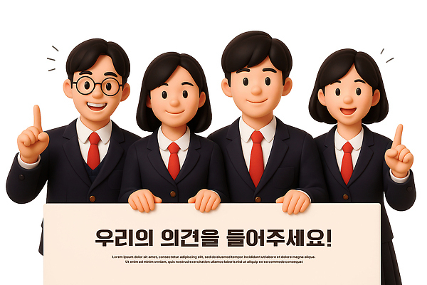 PSD 편집이미지 여학생 여자 남자 교복 남학생 청소년 3D캐릭터 미소 들기 여러명 상반신 3D 현수막 가리킴 십대만 안경낌 편집3D 캐릭터 학생 옷 안경 다수 모션 표정 사람 손짓 디지털합성 파일형식