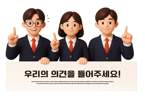 PSD 편집이미지 여학생 여자 남자 교복 남학생 청소년 3D캐릭터 미소 들기 상반신 세명 3D 현수막 가리킴 십대만 안경낌 편집3D 캐릭터 학생 옷 안경 모션 표정 사람 손짓 디지털합성 파일형식