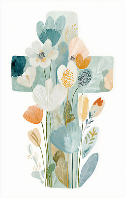 JPG 꽃 하늘색 십자가 잎 일러스트 사람없음 국내일러스트 AI일러스트 AI콘텐츠 식물 파란색 파일형식