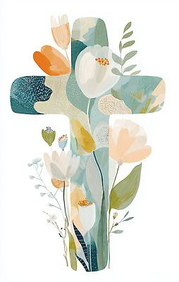 JPG 꽃 하늘색 십자가 잎 일러스트 사람없음 국내일러스트 AI일러스트 AI콘텐츠 식물 파란색 파일형식