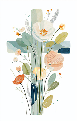 JPG 꽃 하늘색 십자가 잎 일러스트 사람없음 국내일러스트 AI일러스트 AI콘텐츠 식물 파란색 파일형식