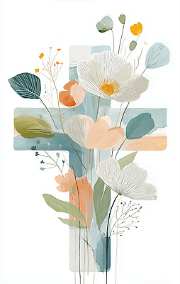 JPG 꽃 하늘색 십자가 잎 일러스트 사람없음 국내일러스트 AI일러스트 AI콘텐츠 식물 파란색 파일형식