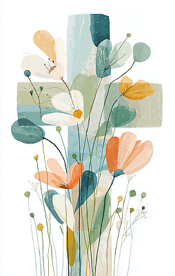 JPG 꽃 하늘색 십자가 잎 일러스트 사람없음 국내일러스트 AI일러스트 AI콘텐츠 식물 파란색 파일형식