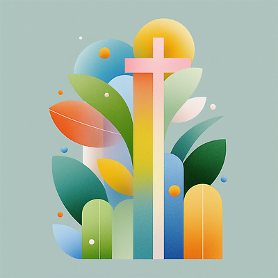 JPG 십자가 일러스트 사람없음 컬러풀 풀잎 아치 국내일러스트 AI일러스트 AI콘텐츠 컬러 잎 풀_식물 파일형식