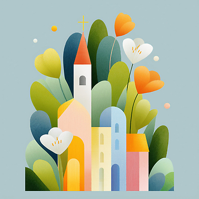 JPG 꽃 기독교 십자가 일러스트 사람없음 컬러풀 성당 교회 천주교 풀잎 아치 은혜 국내일러스트 AI일러스트 AI콘텐츠 식물 종교 컬러 잎 종교건축 건물 풀_식물 파일형식