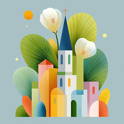 JPG 꽃 기독교 십자가 일러스트 사람없음 컬러풀 성당 교회 천주교 풀잎 아치 은혜 국내일러스트 AI일러스트 AI콘텐츠 식물 종교 컬러 잎 종교건축 건물 풀_식물 파일형식