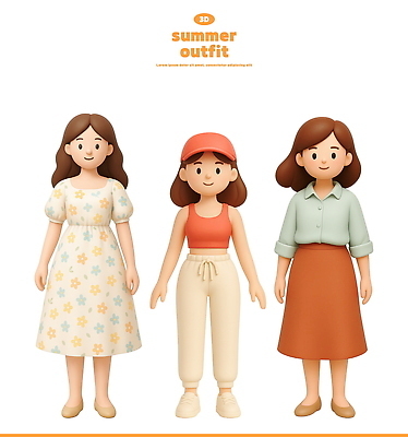 전신 PSD 편집이미지 원피스 여자 셔츠 미소 성인 세명 치마 3D 여름옷 캡모자 성인여자만 오오티디 편집3D 모자_잡화 옷 패션 상의 하의 표정 사람 디지털합성 신조어 여자만 성인만 파일형식 여름_계절