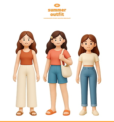 전신 PSD 무료이미지 편집이미지 여자 반바지 미소 성인 세명 민소매 3D 반팔티셔츠 청바지 잡기 머리핀 샌들 숄더백 여름옷 청반바지 성인여자만 오오티디 편집3D 옷 패션 신발 상의 티셔츠 가방 장신구 바지 모션 표정 사람 디지털합성 신조어 여자만 성인만 파일형식 여름_계절