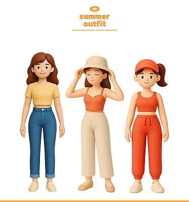 전신 PSD 편집이미지 여자 미소 성인 세명 3D 눈감음 반팔티셔츠 청바지 잡기 여름옷 챙모자 캡모자 성인여자만 오오티디 편집3D 모자_잡화 옷 패션 티셔츠 바지 모션 표정 사람 디지털합성 신조어 여자만 성인만 파일형식 여름_계절
