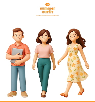 전신 PSD 편집이미지 원피스 여자 남자 셔츠 미소 들기 성인 세명 노트북 3D 걷기 눈감음 반팔티셔츠 여름옷 성인만 오오티디 편집3D 옷 패션 상의 티셔츠 모션 표정 사람 전자제품 디지털합성 신조어 파일형식 여름_계절