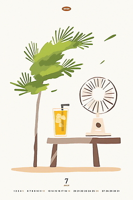 PSD 나무 음료 일러스트 탁자 나뭇잎 잔 빨대 수묵화 사람없음 여름 얼음 달력 선풍기 심플 7월 2026년 국내일러스트 자연요소 식물 식기 계절 가구 잎 미술 가전제품 날짜 연도 파일형식