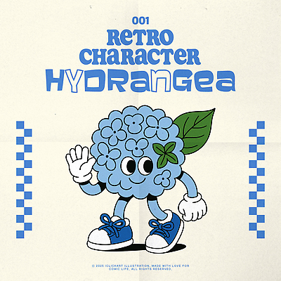 장갑 신발 잎 일러스트 미소 사람없음 파란색 손들기 손인사 수국 꽃캐릭터 일러캐릭터 AI파일 식물 캐릭터 잡화 꽃 컬러 모션 표정 인사 파일형식 벡터