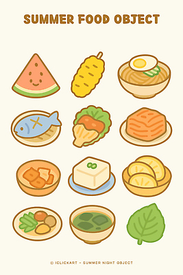 접시 일러스트 여름음식 김치 오이 어류 옥수수 사람없음 소쿠리 상추 만두 깻잎 두부 보쌈 냉면 삶은계란 미역국 수박조각 엘리먼트 국내일러스트 AI파일 식기 한식 음식 조각 채소 수박 곡류 바구니 계란 수중동물 계란요리 국 파일형식 벡터 여름_계절