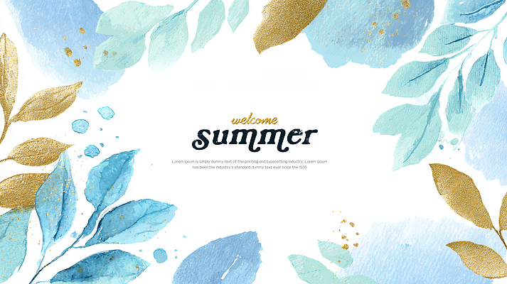 PSD 백그라운드 잎 일러스트 수채화 프레임 사람없음 여름 파란색 금색 번짐 겹침 카피스페이스 국내일러스트 식물 계절 컬러 공백 파일형식 효과